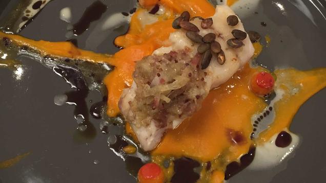 Rezept: Zander mit Kalbskopf und Kürbis Rezept: Zander mit Kalbskopf und Kürbis
