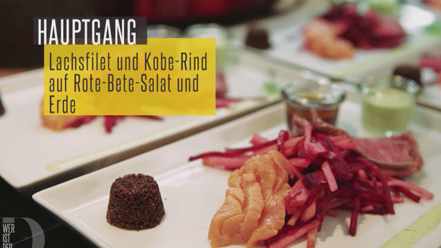 Rezept: Geflämmtes Kobe- und Lachsfilet auf Rote Beete-Apfel-Salat Rezept: Geflämmtes Kobe- und Lachsfilet auf Rote Beete-Apfel-Salat