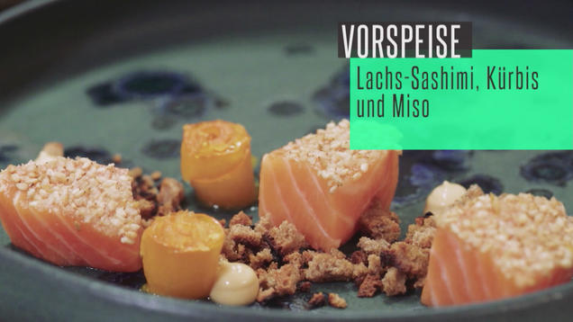 Rezept: Sashimi vom Lachs mit Roggencrunch, Kürbiscarpaccio und Misomayonnaise