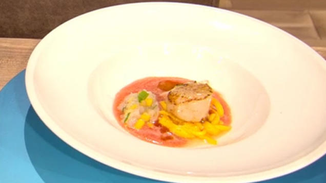 Rezept: Mozzarella-Mango-Salat mit Jakobsmuschel (Blick in Rolands Topf) Rezept: Mozzarella-Mango-Salat mit Jakobsmuschel (Blick in Rolands Topf)