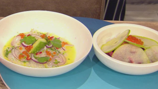 Rezept: Ceviche von Wolfsbarsch mit Roter Beete und Apfel (Blick in Alis Topf) Rezept: Ceviche von Wolfsbarsch mit Roter Beete und Apfel (Blick in Alis Topf)