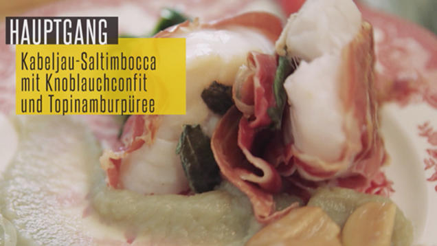 Rezept: Saltimbocca vom Kabeljau auf Topinamburpüree mit Knoblauchkonfit und sautiertem Spinat Rezept: Saltimbocca vom Kabeljau auf Topinamburpüree mit Knoblauchkonfit und sautiertem Spinat