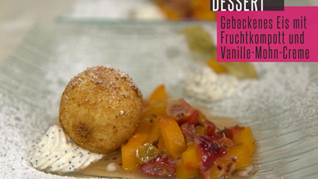 Rezept: Gebackenes Walnusseis mit Stachelbeer-Aprikosen-Kompott und Vanille-Mohn-Creme Rezept: Gebackenes Walnusseis mit Stachelbeer-Aprikosen-Kompott und Vanille-Mohn-Creme