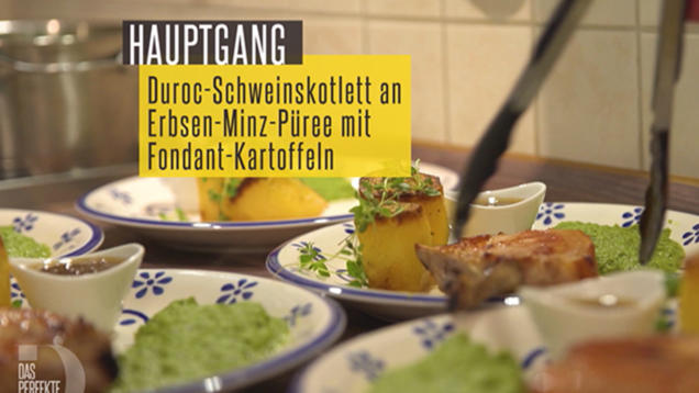 Rezept: Duroc-Schweinskotelett an Erbsen-Minze-Püree mit Fondant-Kartoffeln Rezept: Duroc-Schweinskotelett an Erbsen-Minze-Püree mit Fondant-Kartoffeln
