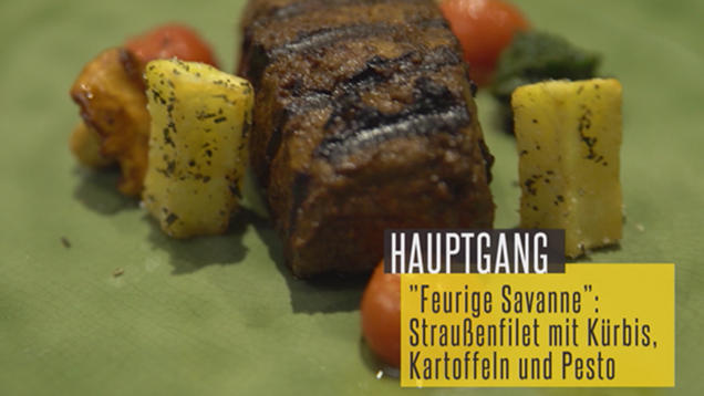 Rezept: „Feurige Savanne“: In Raucharomaten gegrilltes Straußenfilet - Kräuterpesto Rezept: „Feurige Savanne“: In Raucharomaten gegrilltes Straußenfilet - Kräuterpesto