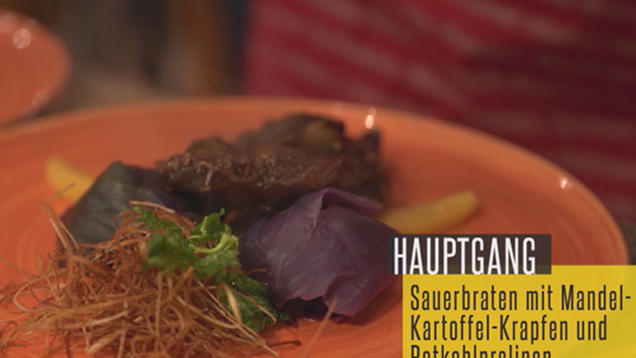 Rezept: Rheinischer Sauerbraten mit knusprigen Mandel-Kartoffel-Krapfen Rezept: Rheinischer Sauerbraten mit knusprigen Mandel-Kartoffel-Krapfen