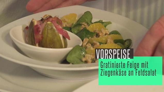 Rezept: Gratinierte Feige mit Ziegenkäse an Feldsalat Rezept: Gratinierte Feige mit Ziegenkäse an Feldsalat