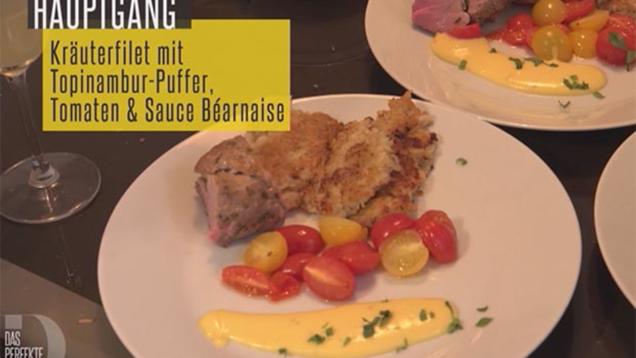 Rezept: Kräuterfilet, Topinamburpuffer, Balsamico Tomaten und Sauce Bernaise Rezept: Kräuterfilet, Topinamburpuffer, Balsamico Tomaten und Sauce Bernaise