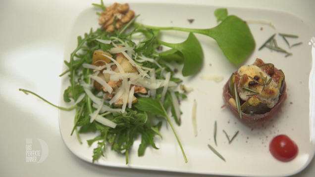 Rezept: Feigen mit Ziegenkäse an Rucolasalat mit Birnen, Manchego und Walnüssen Rezept: Feigen mit Ziegenkäse an Rucolasalat mit Birnen, Manchego und Walnüssen