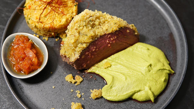 Rezept: Rind mit Kuskus und Erbsenpüree Rezept: Rind mit Kuskus und Erbsenpüree