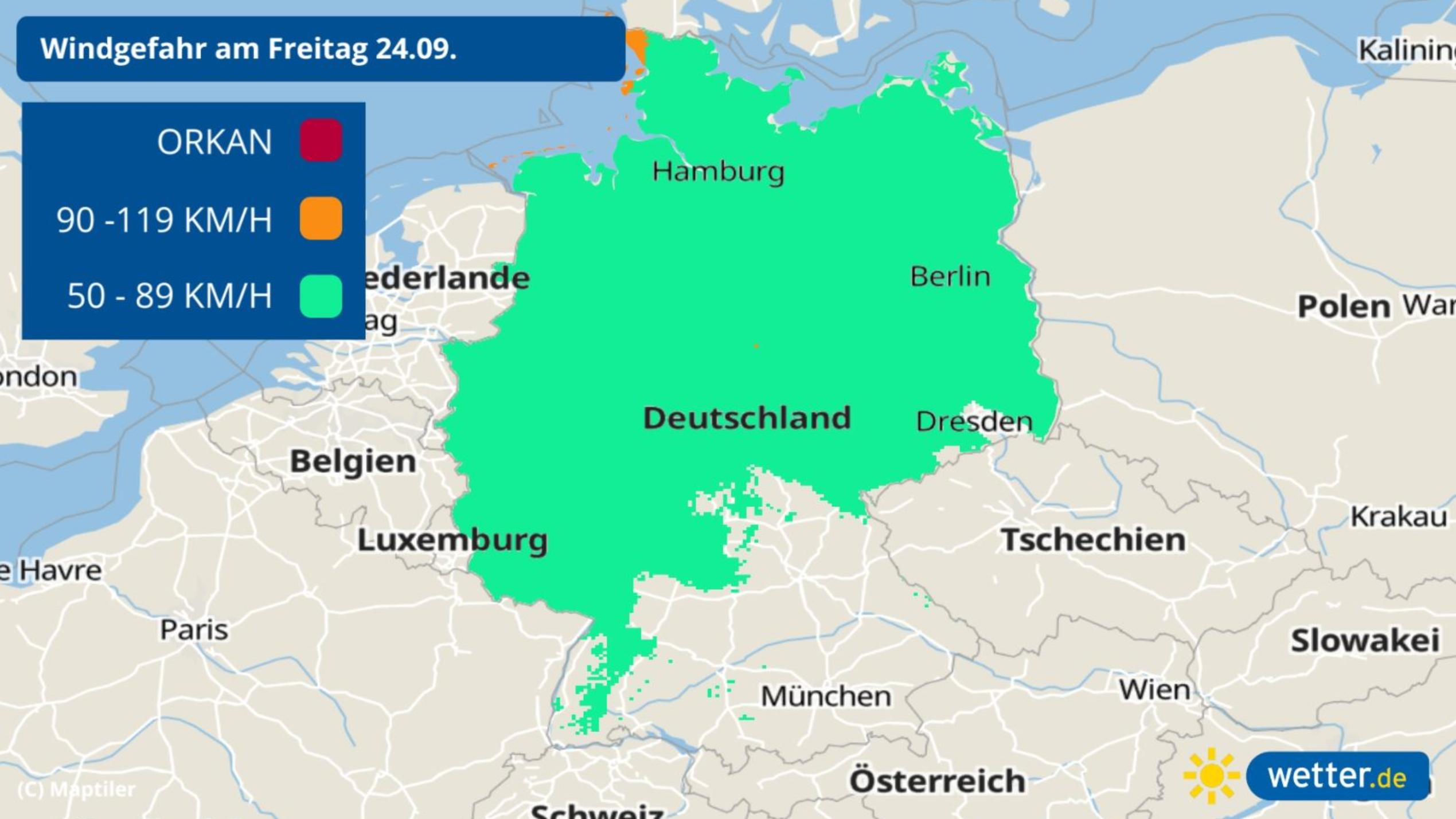 7-Tage-Wettertrend: Bis Mittwoch noch ruhiges Herbst-Wetter, dann steigt die Sturmgefahr Prognose: Sturm und Wind für Freitag, 24.09.2021