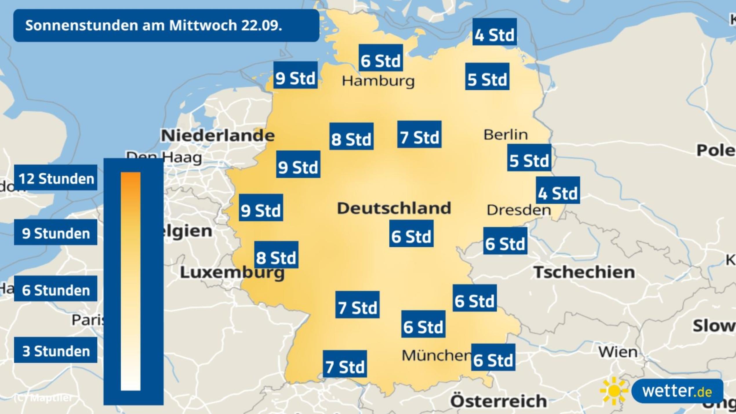 7-Tage-Wettertrend: Bis Mittwoch noch ruhiges Herbst-Wetter, dann steigt die Sturmgefahr Prognose: Sonnenstunden am Mittwoch, 22.09.2021