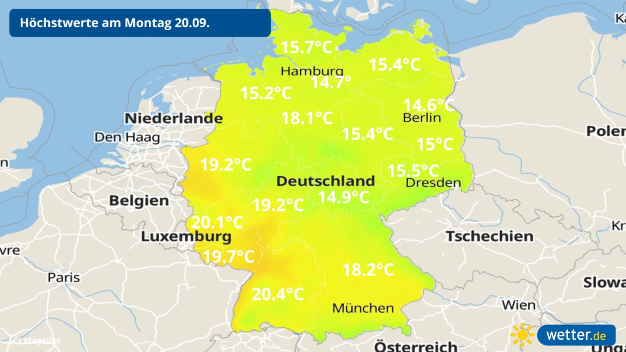 7-Tage-Wettertrend: Bis Mittwoch noch ruhiges Herbst-Wetter, dann steigt die Sturmgefahr Prognose: Höchstwerte für Montag, 20.09.2021