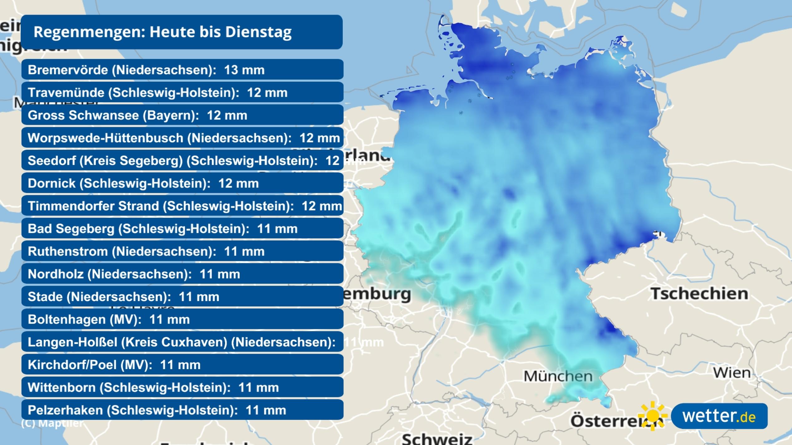 7-Tage-Wettertrend: Es wird immer windiger und wärmer Regen fällt in den nächsten Tagen vor allem im Norden.