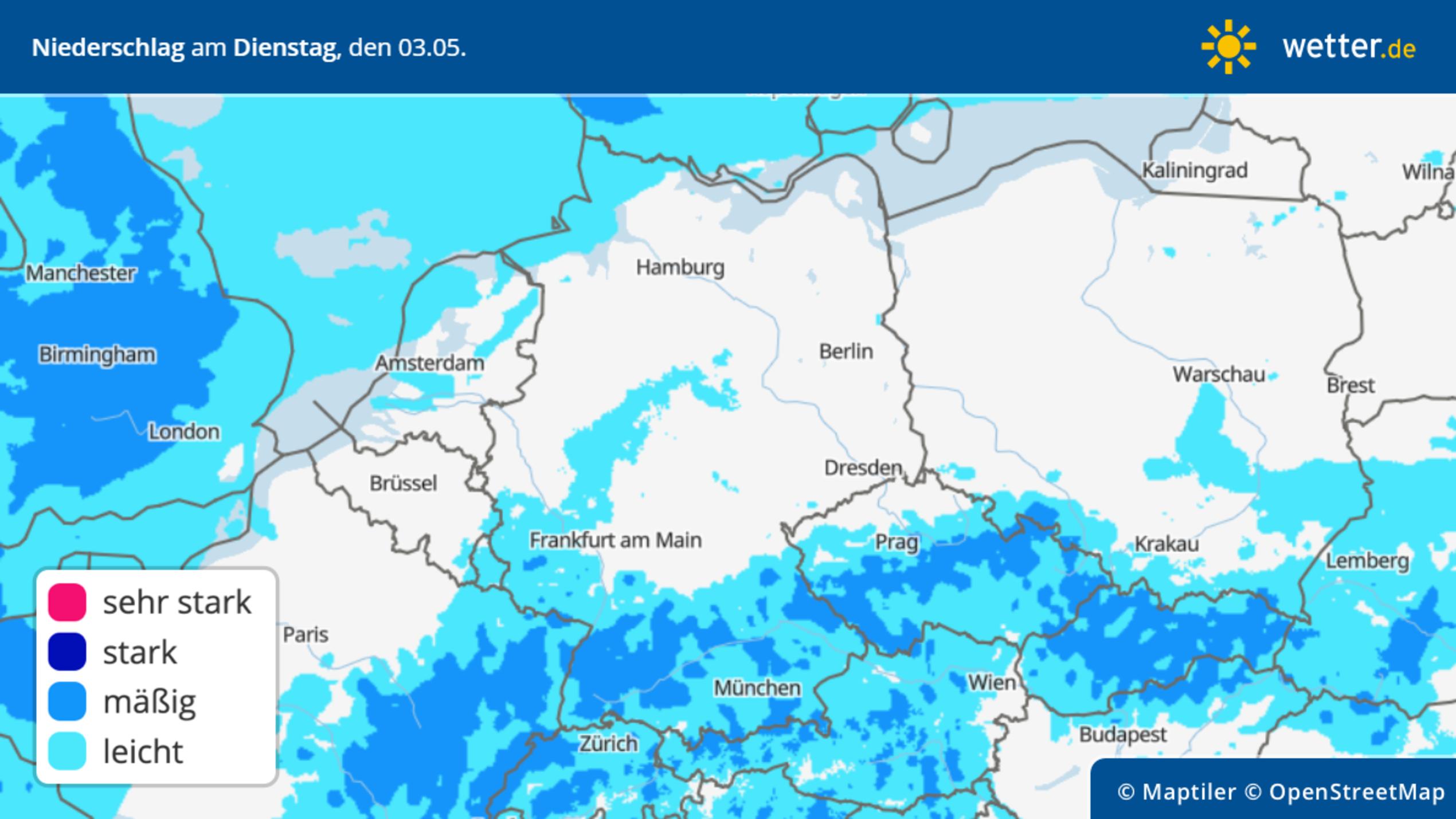 Im Mai zeichnet sich ein munterer Wetterwechsel ab Die Grafik zeigt den Niederschlag für Dienstag, 03.05.2022