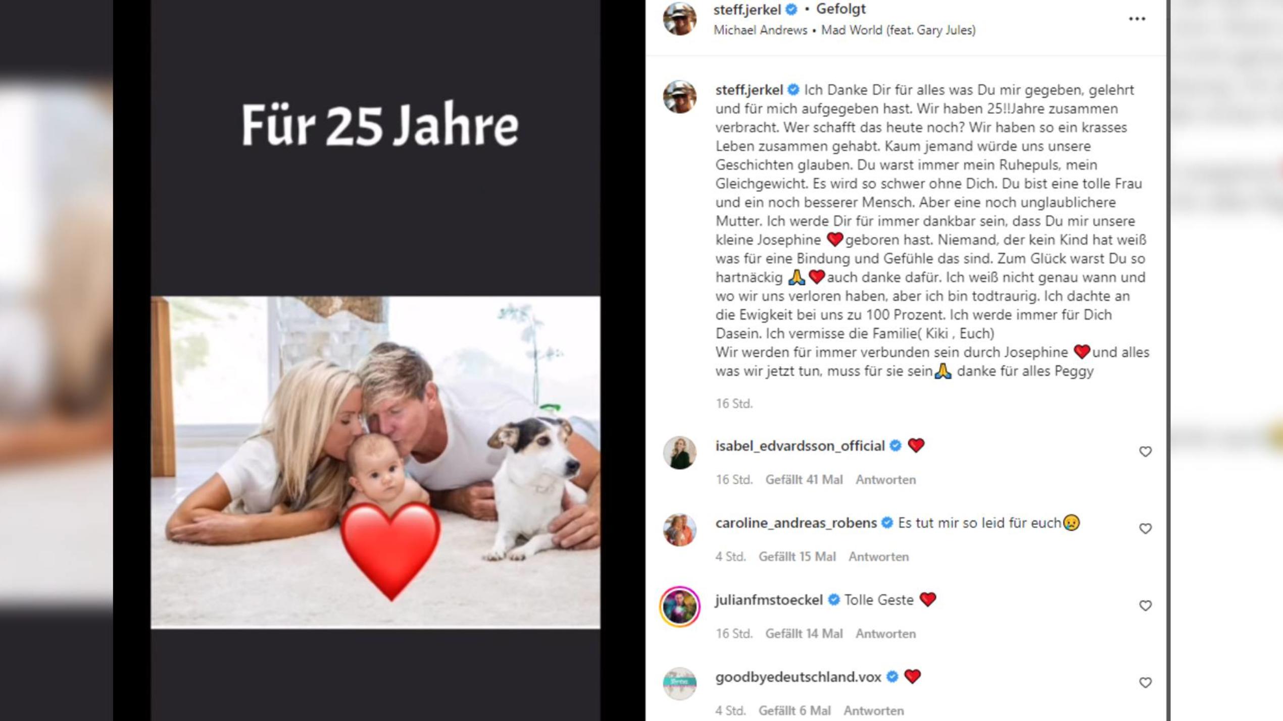 "Todtraurig", aber voller Dank: Steff Jerkel widmet Peggy emotionale Zeilen Steff Jerkel bedankt sich auf Instagram bei Peggy