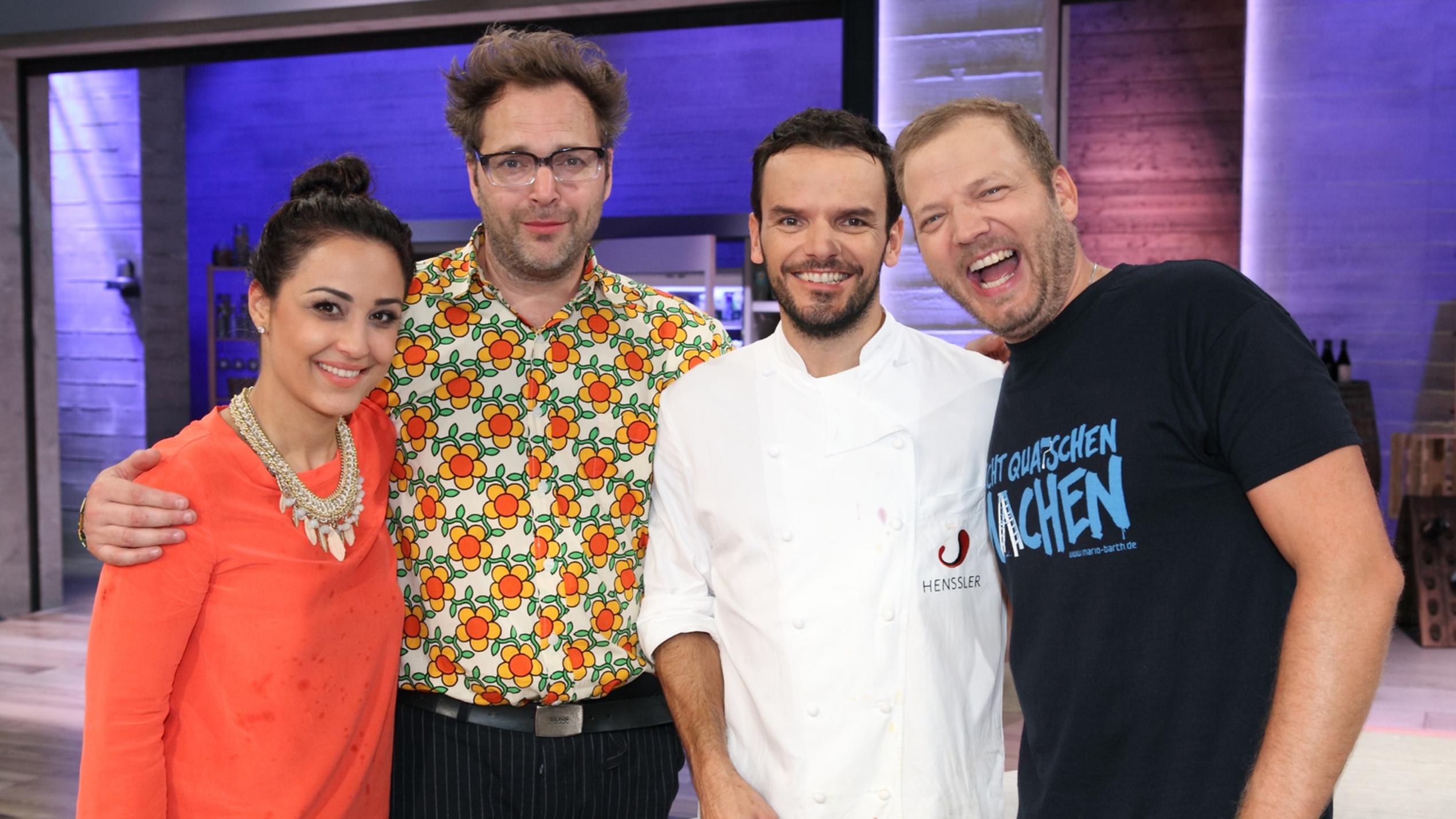 Grill den Henssler: Mario Barth, Paul Panzer und Nina Moghaddam wollen Steffen Henssler grillen V.l.: Nina Moghaddam, Paul Panzer, Steffen Henssler und Mario Barth
