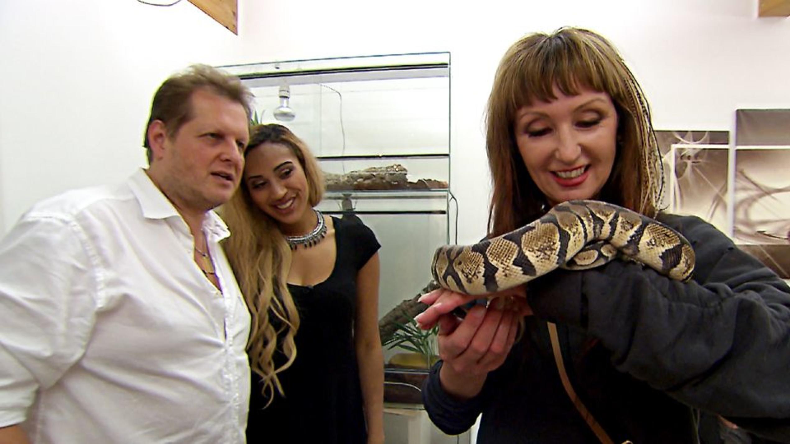 Das perfekte Promi Dinner - Dschungel-Spezial: Bei Sarah Joelle gibt es Schlangen V.l.: Jens Büchner, Gastgeberin Sarah-Joelle Jahnel und Hanka Rackwitz