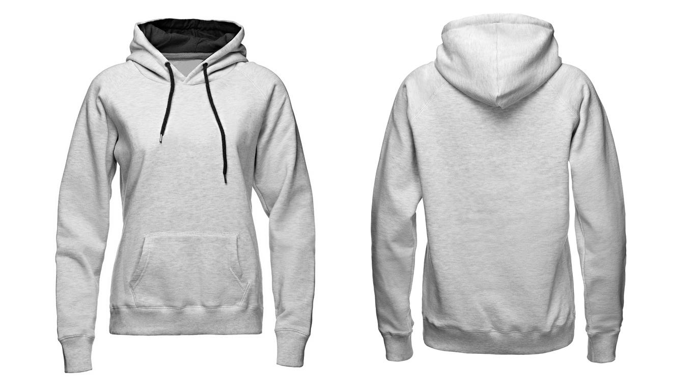 Fashion Lexikon: Hoodie Grauer Hoodie mit schwarzen Schnüren und Kapuze.