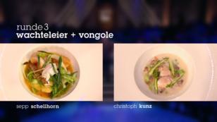 Die Teller mit Wachteleiern und Vongole Die Teller mit Wachteleiern und Vongole