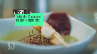 Topinambur-Cremesuppe mit Garnelen