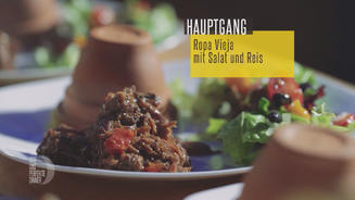 Ropa Vieja mit Salat und Reis