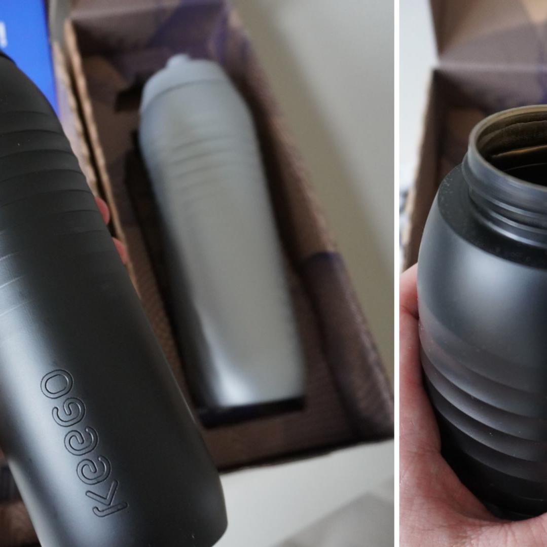 Geliefert wird die Keego-Trinkflasche in einer stabilen Box. Am oberen Rand der Flasche ist die Titan-Beschichtung zu sehen