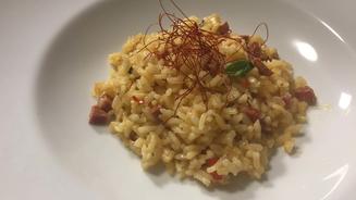 Chorizo-Risotto mit Wolfsbarsch