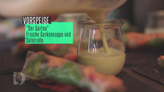 Kalte Gurkensuppe und Salatrollen