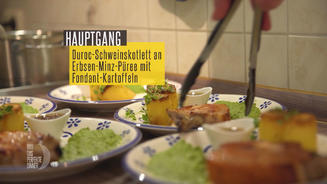 Duroc-Schweinskotelett an Erbsen-Püree