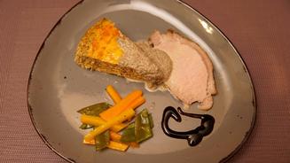 Pilztorte, Lachsbraten
