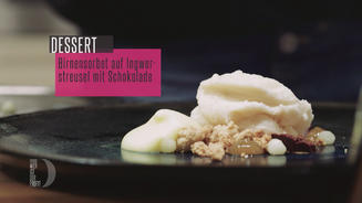 Birnen-Gin-Sorbet auf Ingwerstreuseln