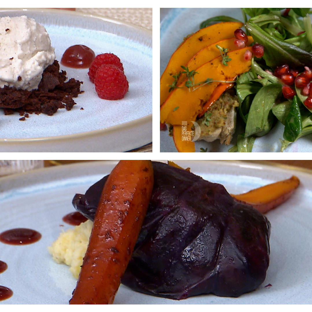 Die veganen Gerichte von Reva: Herbstliche Bruschetta (oben rechts), Kohlrouladen (unten) und Tonkabohneneis mit Brownie-Crumble und Beeren-Gel (oben links) Die veganen Gerichte von Reva: Herbstliche Bruschetta (oben rechts), Kohlrouladen (unten) und Tonkabohneneis mit Brownie-Crumble und Beeren-Gel (oben links)