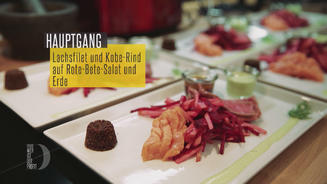 Geflämmtes Kobe- und Lachsfilet