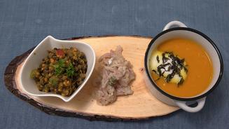 Linsensalat, Möhrensüppchen, Forelle