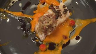 Zander mit Kalbskopf und Kürbis