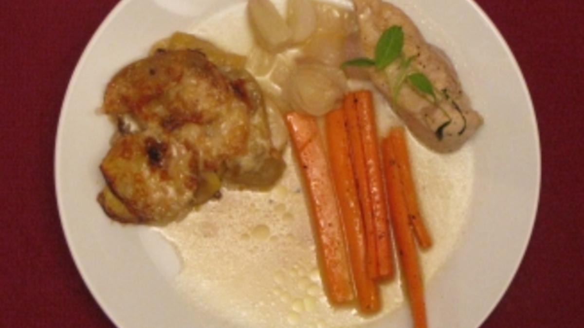 Das perfekte Dinner Rezepte - Sherry-Huhn mit Kartoffel-Steinpilz-Gratin
