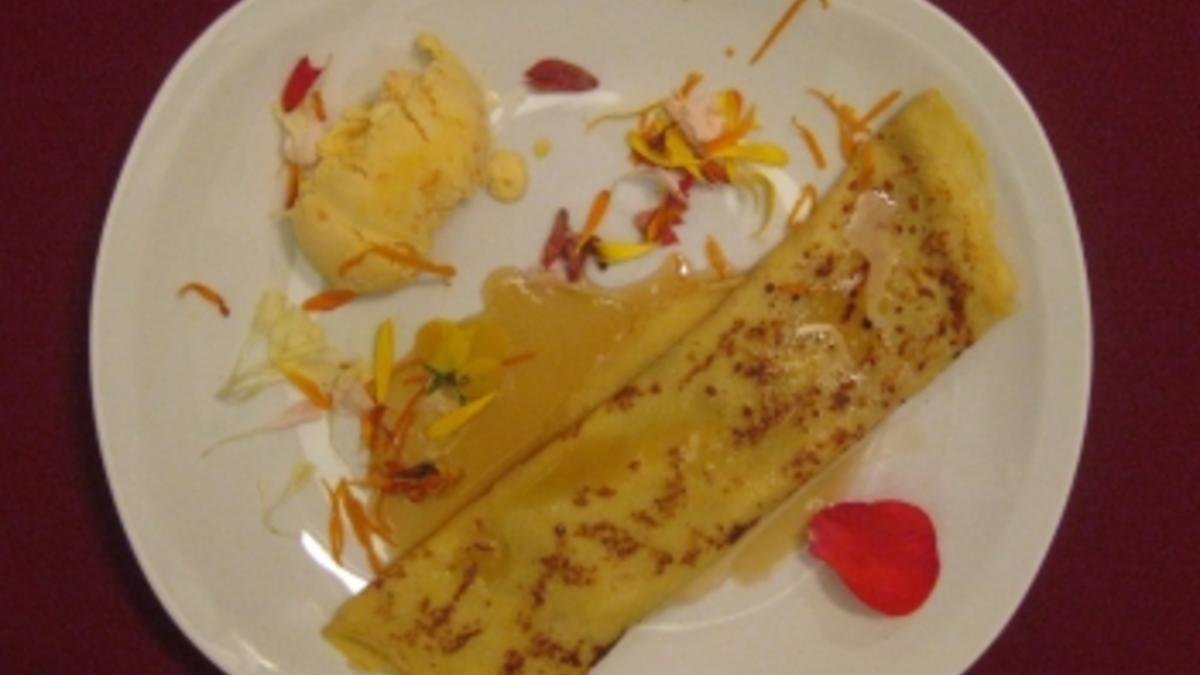 Das perfekte Dinner Rezepte - Mandarineneis mit Ahornsirup-Crepe