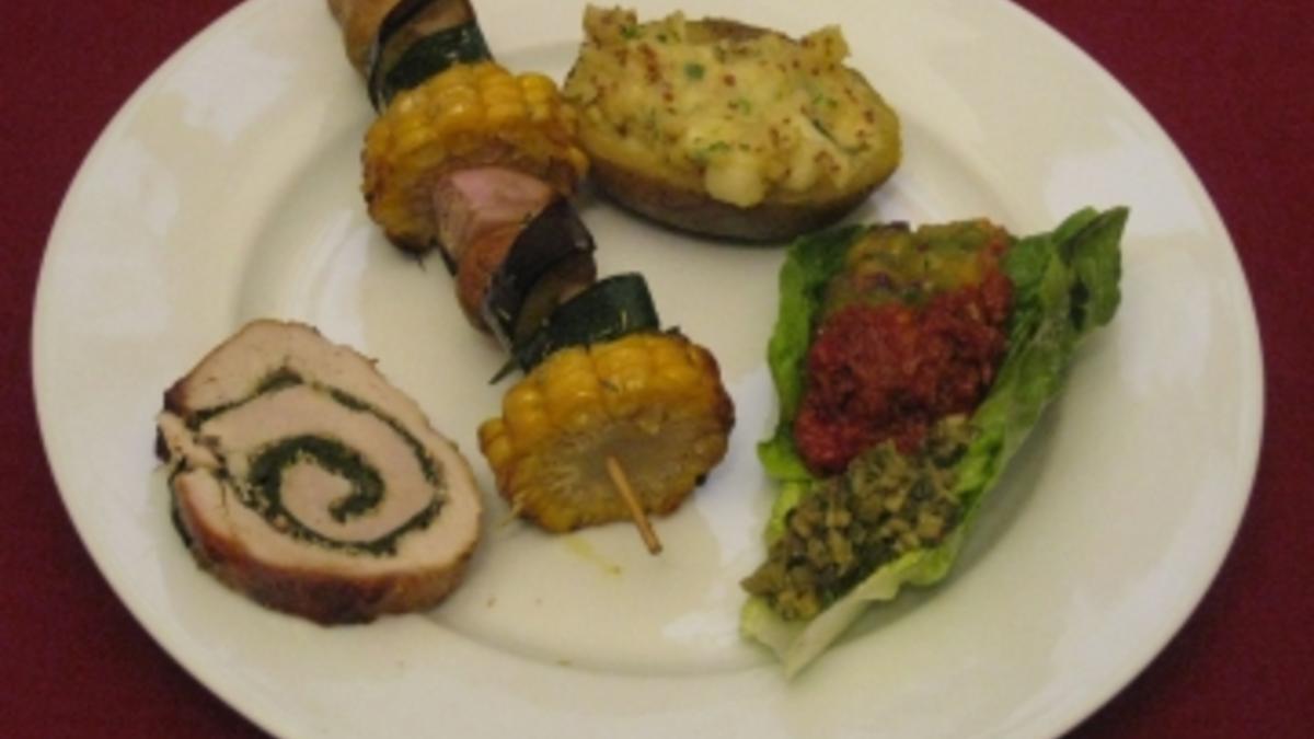 Das perfekte Dinner Rezepte - Schweinerücken mit Gemüsespieß, gefüllter ...