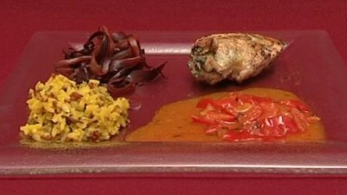 Rezept-Hähnchenbrüstchen mit frischen Kräutern an rotem Gemüse und Wildreis
