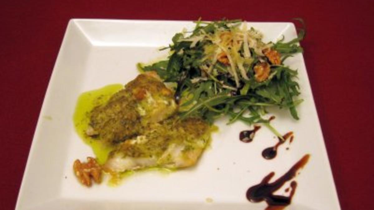 Das perfekte Dinner Rezepte - Fisch mit Pestokruste und Rucola-Walnuss ...