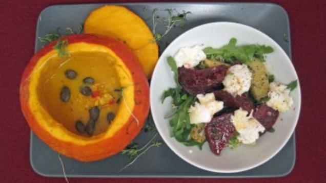 Das perfekte Dinner Rezepte - Kürbissüppchen mit lauwarmem Rote-Bete-Salat