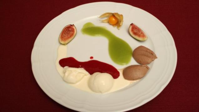 Selbst gemachtes Vanilleeis mit Himbeermark