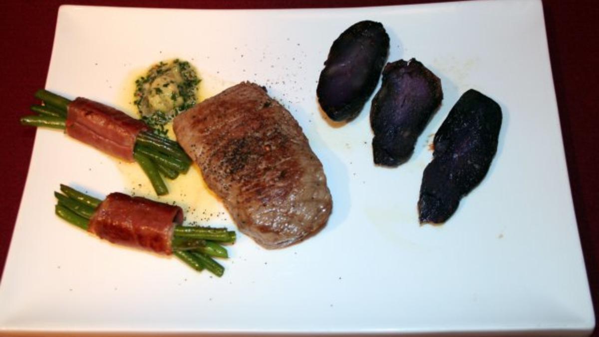 Das perfekte Dinner Rezepte - Rumpsteak mit lila Kartoffelspalten und ...
