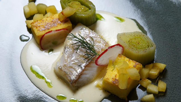 Das perfekte Dinner Rezepte - Zander an Polenta mit Apfel und Lauch