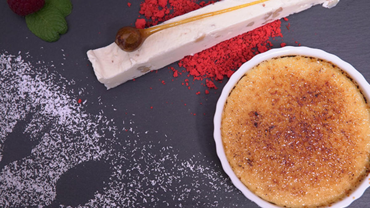 Das perfekte Dinner Rezepte Crème Brûlée mit Heu Walnuss Parfait