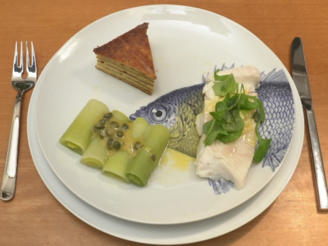 Heilbutt mit Kartoffelbaumkuchen und Lauchgemüse