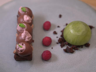 Schokotarte mit Himbeermousse und Zitronen-Basilikum-Granita
