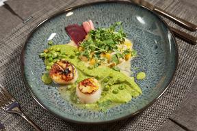 Jakobsmuschel auf Erbsenpüree und Ceviche von der Jakobsmuschel