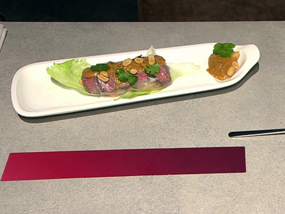 Sommerrolle gefüllt mit Nudeln, Rindfleisch und Gemüse (Rocco Pooth)